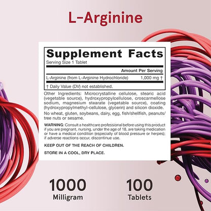 Jarrow Formulas Arginine 1000 mg, Dietary Supplement, Supports Nitric Oxide Production, Supports Protein Synthesis, 100 Tablets, Up to 100 Day Supply