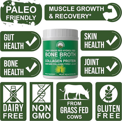 Peak Performance Hydrolyzed Bone Broth and Collagen Unflavored Protein Peptides Powder Contains All Collagen Types: 1, 2, and 3. Pure Pasture, Raised Grass Fed, Paleo Friendly, Gluten + Dairy Free