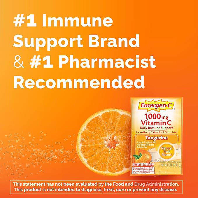 Emergen-C 1000mg Vitamin C Powder, with Antioxidants, B Vitamins and Electrolytes, Vitamin C Supplements for Immune Support, Caffeine Free Drink Mix, Tangerine Flavor - 60 Count/2 Month Supply