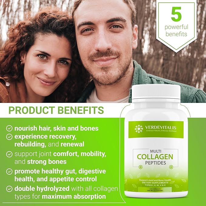 Multi Collagen Peptides Capsules -Non-GMO&Gluten Free Type I, II, III, V, X Hydrolyzed Collagen Supplements with Vitamin C - Supports Healthy Hair, Skin, Nails, & Joints - 120 CPS