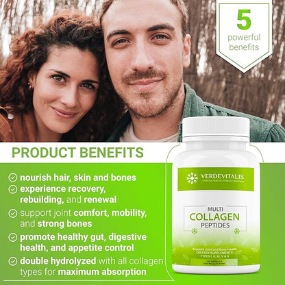 Multi Collagen Peptides Capsules -Non-GMO&Gluten Free Type I, II, III, V, X Hydrolyzed Collagen Supplements with Vitamin C - Supports Healthy Hair, Skin, Nails, & Joints - 120 CPS