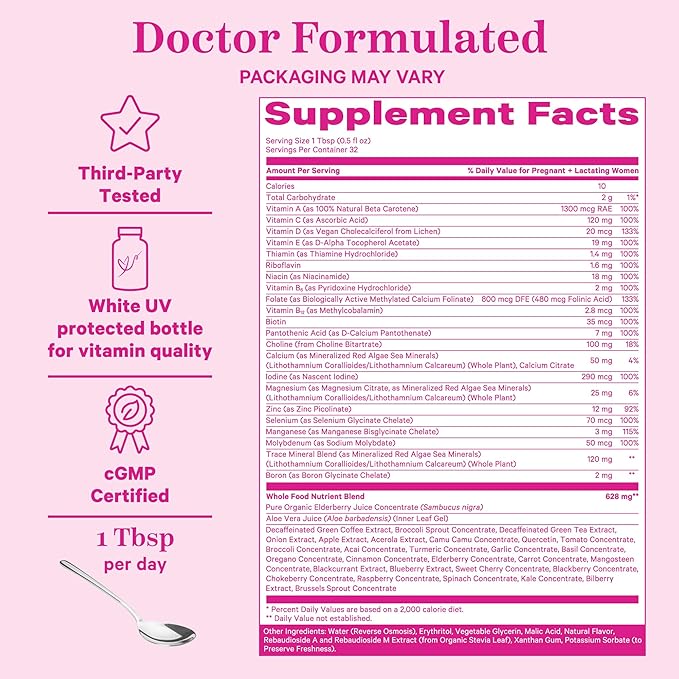 Pink Stork Liquid Prenatal Vitamins for Women - Berry Flavor - Organic Food Blend - for Fertility, Pregnancy, Postpartum- Morning Sickness Support - Breastfeeding and Lactation - 32 Servings