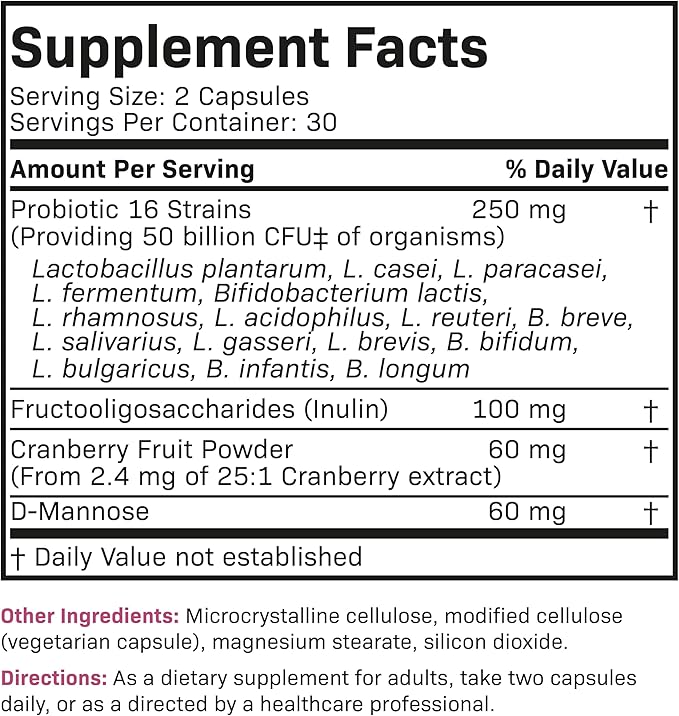 Futurebiotics Women's Probiotic 50 Billion CFU + Prebiotic with Cranberry & D-Mannose – Digestion Immune and Urinary Tract Support, Non-GMO, 60 Vegetarian Capsules