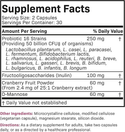 Futurebiotics Women's Probiotic 50 Billion CFU + Prebiotic with Cranberry & D-Mannose – Digestion Immune and Urinary Tract Support, Non-GMO, 60 Vegetarian Capsules