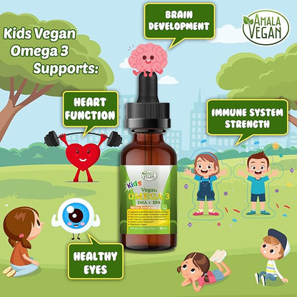 Omega 3 for Kids - Organic Lemon, Vegan, Liquid Supplement - Kids Fish Oil with DHA, EPA, DPA Fatty Acids - Plant Based Algae Oil - Immune, Heart, Brain Health for Children- 30-60 Doses