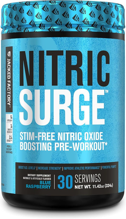 Jacked Factory Nitric Surge Stim Free Pre Workout Powder - Caffeine-Free Nitric Oxide Supplement w/Con-Cret Creatine, L Citrulline, & GlycerSize Glycerol - Blue Raspberry, 30 Servings