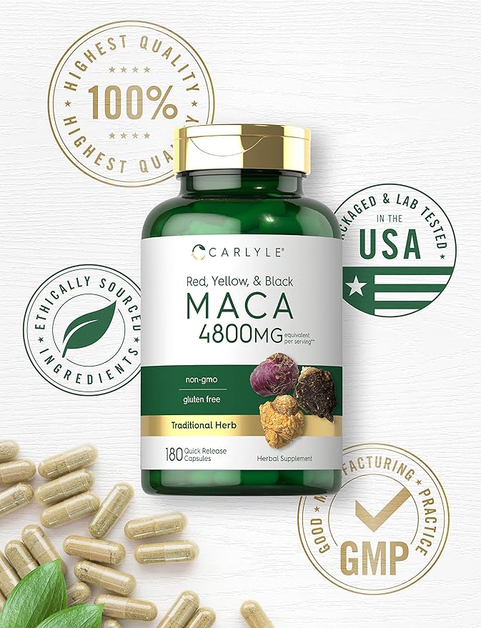 Carlyle Maca Root | Powder Capsules for Women & Men | 4800 mg | 180 Count | High Potency Extract | Non-GMO & Gluten Free Supplement