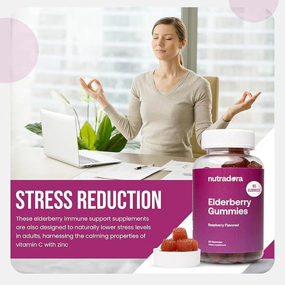Elderberry Gummies for Adults – Organic Elderberry Gummies with Zinc and Vitamin C for Immune Support, Lessen Stress, & Protect Heart, Raspberry Flavor Formulated in USA, 90 Gummies