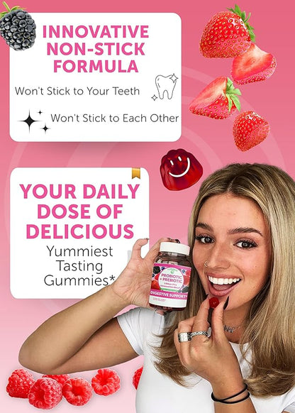 Lunakai USA Made Prebiotic + Probiotic Gummies for Women and Men - High Potency 5 Billion CFUs with Fibers - Non-GMO Gut Health Support 60ct