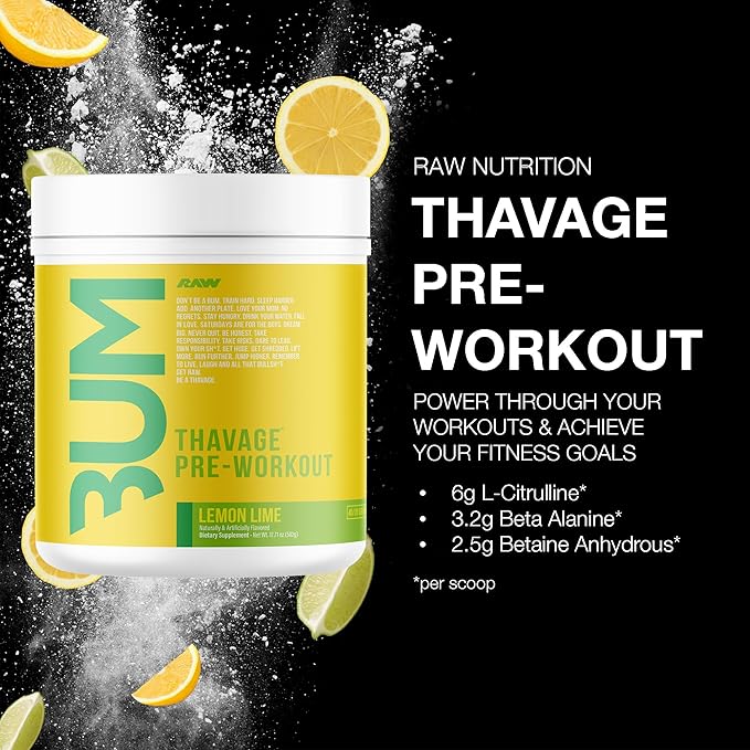 RAW Preworkout Powder, Thavage (Lemon Lime) - Chris Bumstead Sports Nutrition Supplement for Men & Women - Cbum Pre Workout for Working Out, Hydration, Mental Focus & Energy - 40 Servings