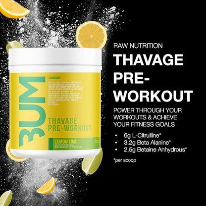 RAW Preworkout Powder, Thavage (Lemon Lime) - Chris Bumstead Sports Nutrition Supplement for Men & Women - Cbum Pre Workout for Working Out, Hydration, Mental Focus & Energy - 40 Servings