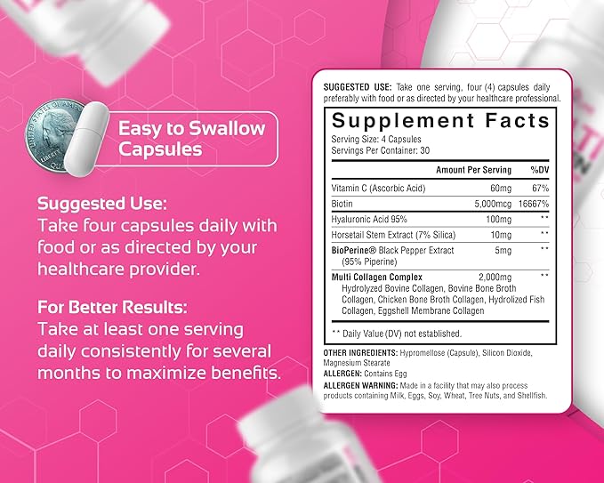 Multi Collagen for Women with Hyaluronic Acid, Vitamin C and Biotin, Collagen Protein Supplement with Types I, II, III, V, X Peptides for Healthy Hair, Skin, Nails and Joints, 120 Capsules