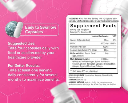 Multi Collagen for Women with Hyaluronic Acid, Vitamin C and Biotin, Collagen Protein Supplement with Types I, II, III, V, X Peptides for Healthy Hair, Skin, Nails and Joints, 120 Capsules