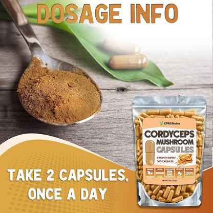 XPRS Nutra Cordyceps Mushroom Powder Capsules - 360 Count (180 Day Supply) - Our Premium Cordyceps Mushroom Capsules Contain Real Mushrooms (Cordyceps Sinensis) to Support Stamina and Performance