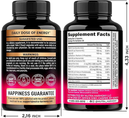 Vitamin B Complex for Men & Women - Made in USA - B-Complex: B1, B2, B3, B5, B6, B7, B8, B9, B12 with Vitamin C, Choline, Inositol - Energy, Brain & Heart Support Supplement, 60 Vegan Capsules