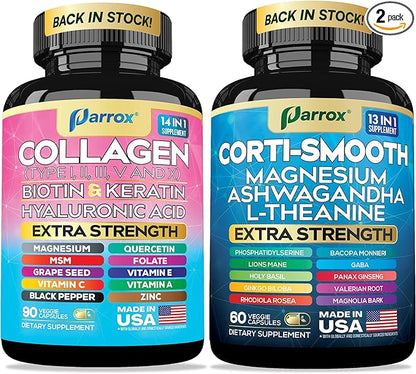 Shining Serenity Set, Cortisol Support with Ashwagandha, L-Theanine, Magnesium, Lions Mane, GABA, Bacopa Monnieri, Collagen I, II, III, V, X, Folate, Biotin, Keratin, Hyaluronic Acid, Quercetin