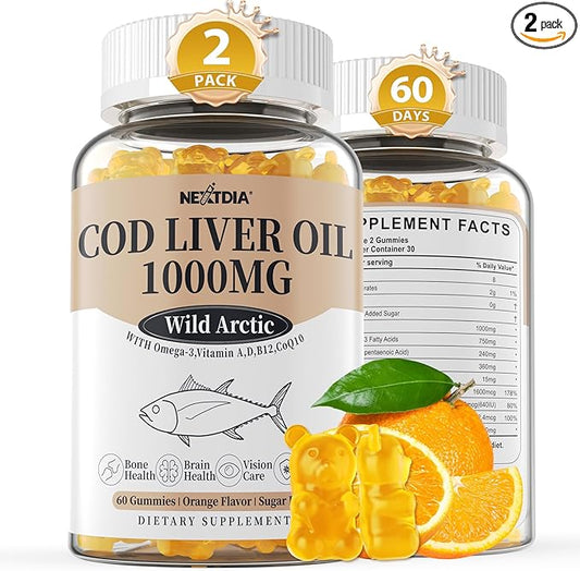 (Made in USA) Cod Liver Oil 1000mg Gummies for Adults & Kids, with Vitamin A & D3 - Omega 3 Fish Oil Alternative - DHA 360mg & EPA 240mg for Brain, Bone, Eye & Immune Health, Sugar Free, 120 Cts