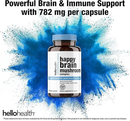 Happy Brain Mushroom Complex Nootropics Brain Support Supplement, 10 Mushroom Supplement: Lions Mane, Turkey Tail, Red Reishi, Shiitake Mushrooms for Improved Clarity, Energy, Immune Support 60ct. 2pk