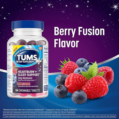 TUMS Heartburn Plus Sleep Support Chewable Dietary Supplement Tablets for Occasional Heartburn Relief Plus Sleep Support, Berry Fusion - 54 Count