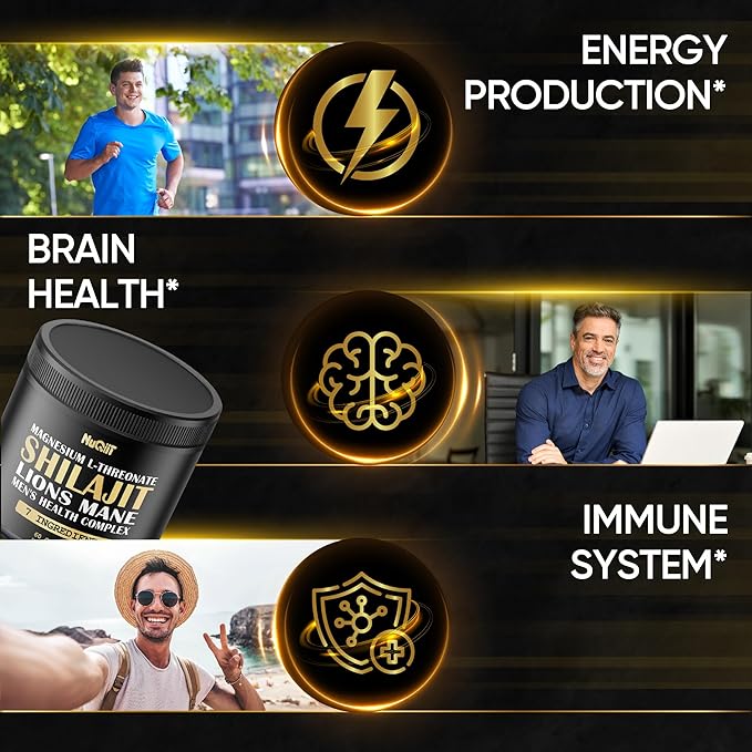 Shilajit Pure Himalayan Organic with Magnesium, Lions Mane, and Men Health Complex as Ashwagandha, Maca Root & More - Support Immunity, Brain Health & Positive Mood - 60 Capsules