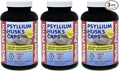 Yerba Prima Psyllium Husks Caps - 180 caps (Pack of 3) - Natural Fiber Supplement - Colon Cleansing - Non-GMO Gluten Free