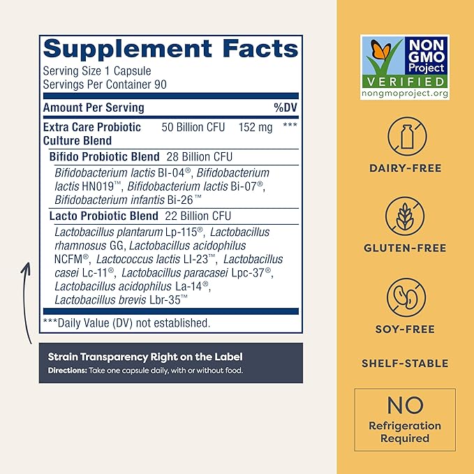 Renew Life Extra Care Digestive Probiotic Capsules, 50 Billion CFU Guaranteed, Daily Supplement Supports Immune, Digestive, Respiratory Health(1), L. Rhamnosus GG, Dairy, Soy and Gluten-Free, 90 Count