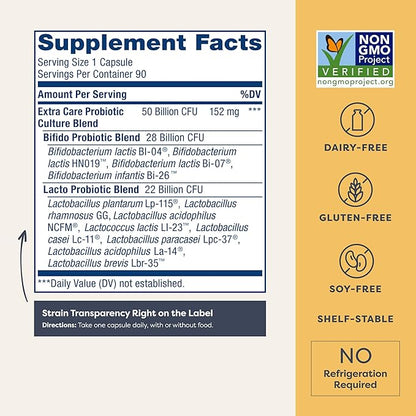 Renew Life Extra Care Digestive Probiotic Capsules, 50 Billion CFU Guaranteed, Daily Supplement Supports Immune, Digestive, Respiratory Health(1), L. Rhamnosus GG, Dairy, Soy and Gluten-Free, 90 Count