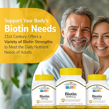 21st Century Biotin Tablets, 10,000 mcg, Unflavored 120 Count
