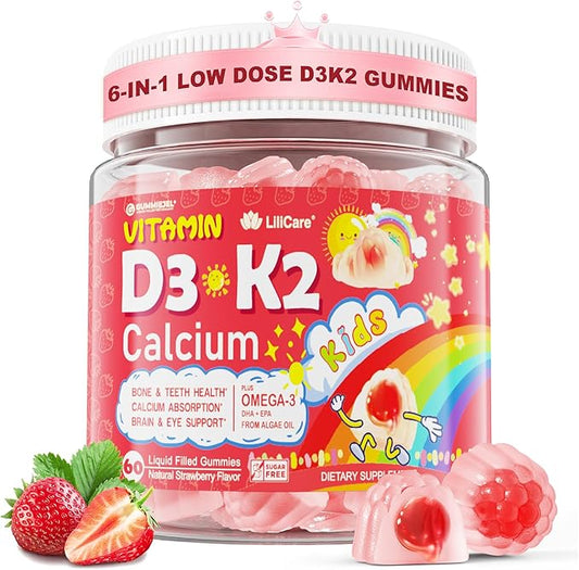 Kids Vitamin D3 K2 + Calcium Gummies (Made in USA) for Adults, 1000IU/2000IU D3 + K2(MK-7) with Magnesium & Algal Omega 3(EPA/DHA) for Bones Teeth Muscles Brain, Low-dose Vitamins, Sugar-Free,60 Chews