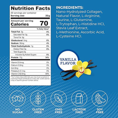 Collagen Protein Powder, 17g Protein Nano-Hydrolyzed Grass Fed Collagen, Vitamin C, 2g Arginine for Wound Support, Gluten Free, All Natural, Fat and Sugar Free, 0g Carbs, Vanilla, 23 oz, 30