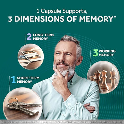 NEURIVA Memory 3D Brain Supplement - Decaffeinated Nootropic Capsules for Memory & Cognitive Function - Short Term, Long Term, & Working Memory Support - 50ct