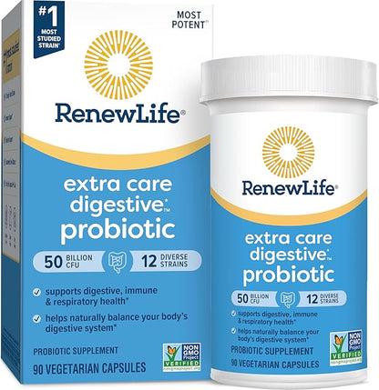 Renew Life Extra Care Digestive Probiotic Capsules, 50 Billion CFU Guaranteed, Daily Supplement Supports Immune, Digestive, Respiratory Health(1), L. Rhamnosus GG, Dairy, Soy and Gluten-Free, 90 Count