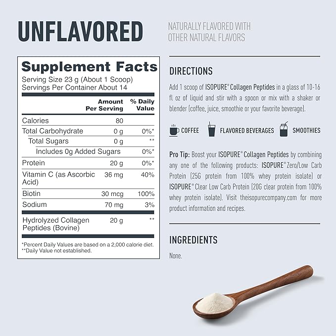 Isopure Collagen Peptides Powder, Promotes Hair, Nail, Skin and Joint Health, with Vitamin C and Biotin, Unflavored, 20g Collagen Peptides Per Serving, 11.36 Oz, 14 Servings (Packaging May Vary)