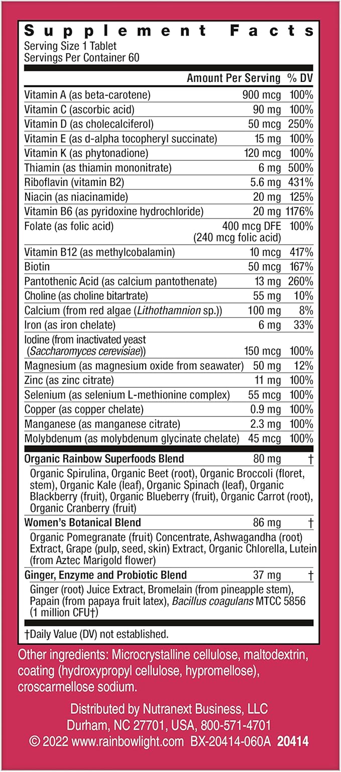 Rainbow Light Womens One High-Potency Daily Multivitamin, Womens Multivitamin Provides High-Potency Immune Support, With Vitamin C, Biotin and Ashwagandha, Vegetarian, 60 Count