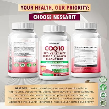 COQ10 + Red Yeast Rice Supplement - 10-in-1 Natural Blend with Omega 3 Vitamin B3, K2, D3, Zinc Milk Thistle Black Pepper - 150 Count - Made & Tested in The USA