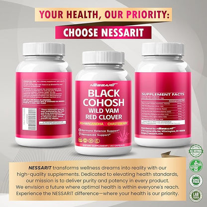 Black Cohosh with Wild Yam Red Clover Evening Primrose Ashwagandha - Hormone Balance Support - 150 Count - Made & Tested in The USA
