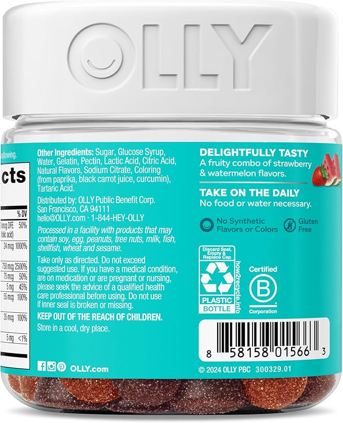 OLLY Teen Girl Multi Gummy, Healthy Skin and Immune Support, 15 Essential Vitamins, Biotin, Zinc, Calcium, Chewable Multivitamin, Berry Melon, 35 Day Supply, 70 Count (Pack of 2)