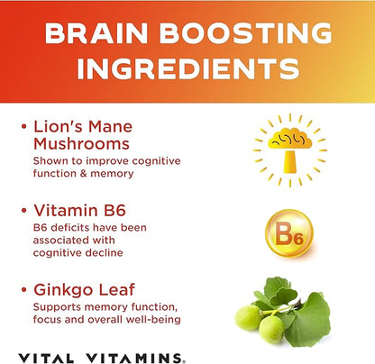 Vital Vitamins Nootropic Brain Supplement Plus - for Memory, Focus, Concentration, Neuro Energy, Clarity - with Lion's Mane Mushrooms - 60 Capsules