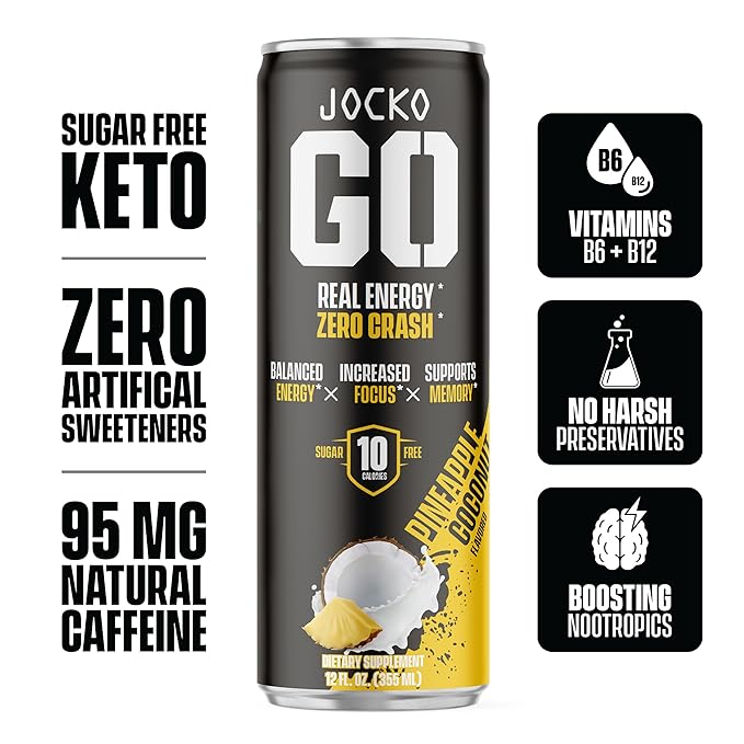 Jocko GO Energy Drink - KETO, Vitamin B12, Vitamin B6, Electrolytes, L Theanine, Magnesium- Energy Boost, Sugar Free Nootropic Monk Fruit Blend - 12 Pack (Pineapple Coconut)