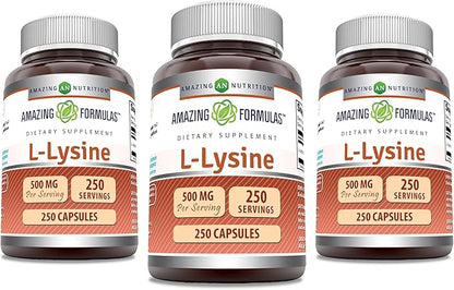 Amazing Formulas L-Lysine 500 mg Capsules Amino Acid Supplement | Non-GMO | Gluten Free | Made in USA (250 | 3 Pack)