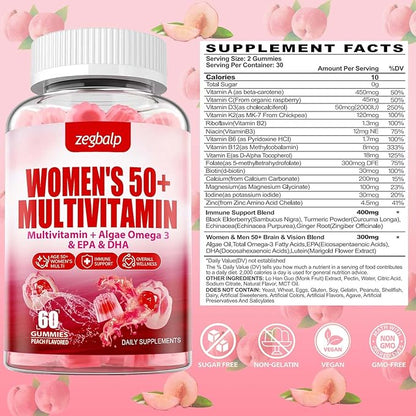 Sugar-Free Womens Multivitamin 50 Plus Gummies with Calcium, Magnesium, Zinc, Vitamin A, C, D3, E, K2, B Complex, Folate, Biotin - Multi Vitamins & Minerals for Skin, Energy, Immune Support