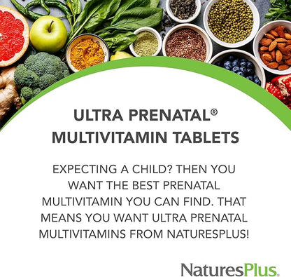 Natures Plus Ultra Prenatal Multivitamin - 800 mcg Folate, 180 Vegetarian Tablets - Prenatal Supplement with Iron, Iodine, Calcium & B-Complex Vitamins - Gluten-Free - 90 Servings