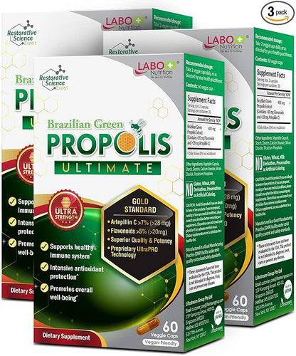 LABO Nutrition Brazilian Green Propolis Ultimate – Propolis Extract with 28mg Artepillin C and 5% Flavonoids Natural Bee Supplement for Immune, Brain Support High Concentrate Propolis, 60 Veg Capsx3