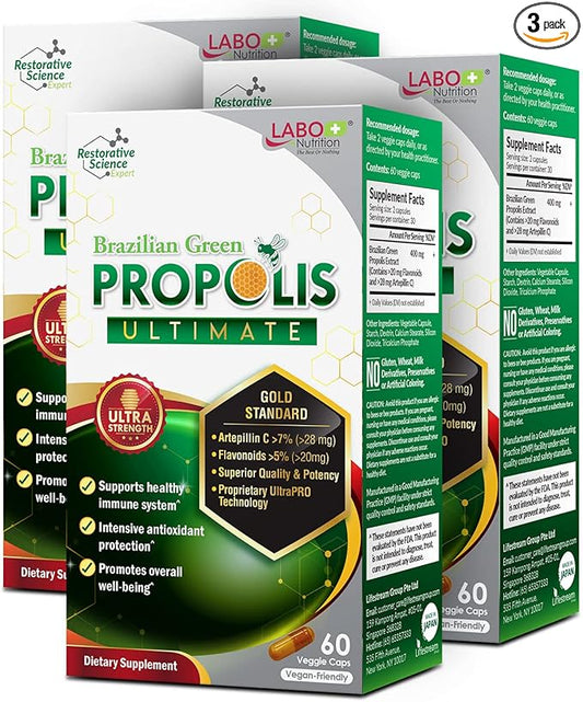 LABO Nutrition Brazilian Green Propolis Ultimate – Propolis Extract with 28mg Artepillin C and 5% Flavonoids Natural Bee Supplement for Immune, Brain Support High Concentrate Propolis, 60 Veg Capsx3