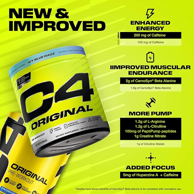 Cellucor C4 Original Pre Workout Powder Sugar Free for Men & Women 200mg Caffeine + CarnoSyn Beta-Alanine + Creatine + AI Peptides - ICY Blue Razz, 30 Servings