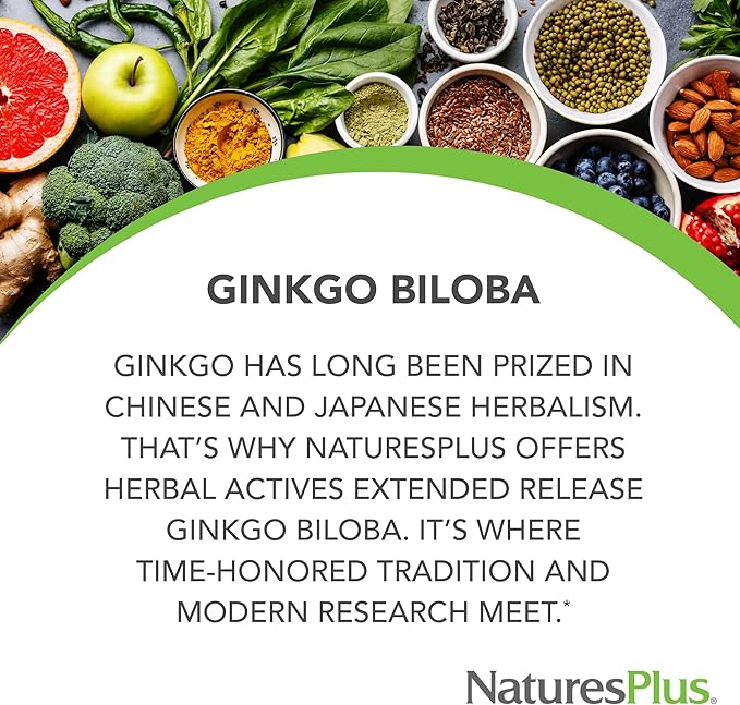 Natures Plus Herbal Actives Ginkgo Biloba, Extended Release - 120 mg, 60 Vegan Tablets - Vegetarian, Gluten-Free - 60 Servings
