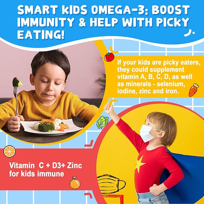 Omega 3 Gummies (EPA/DHA) for Kids 4+, Kids Multivitamin A B1 B2 B12 C D3 K2, Calcium, Iron, Zinc, Selenium, lodine for Brain Cognition, Eye, Bone, Energy, Immune, No Fish Taste, Sugar Free