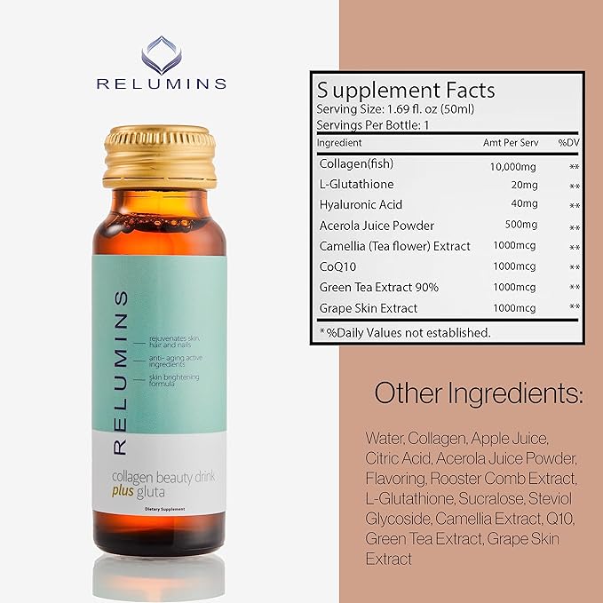 Relumins Advance Rejuvenating Collagen Beauty Drink with Glutathione, Hyaluronic, CoQ10, EGCG, Resveratrol & More - Naturally Fights Signs of Aging - Apple Flavor, Ten 50mL Drinks x 2 Packs