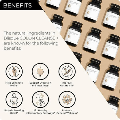 Blisque - Natural Colon Cleanse Supplement for Detox, Constipation Relief, Stool Softener, and Digestive Health | with Aged Cascara Sagrada Bark | 90 Capsules | Vegan and Non-GMO