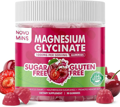 90 CT Magnesium Glycinate Gummies 1000mg - Sugar Free Magnesium Potassium Supplement with Vitamin D, B6, CoQ10 for Calm Mood & Sleep Support - 90 Cherry Gummies.